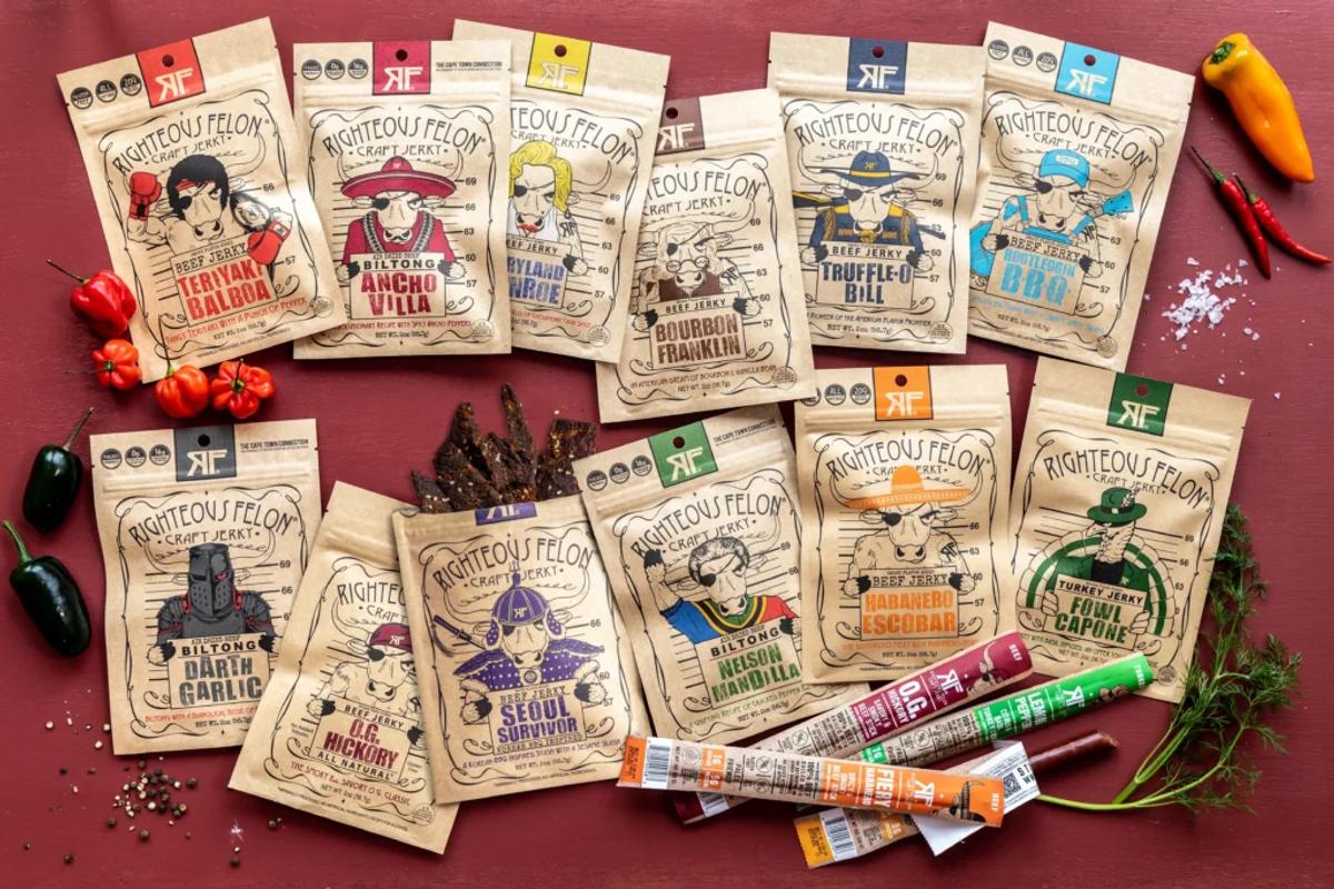 Righteous Felon craft jerky packages with pun names like "Teriyaki Balboa," "Darth Garlic," "Fowl Capone" and "Habanero Escobar."