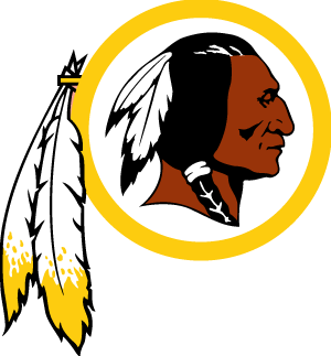 The Washington Redskins logo: a Native American man's profile in a yellow circle, beside two feathers.