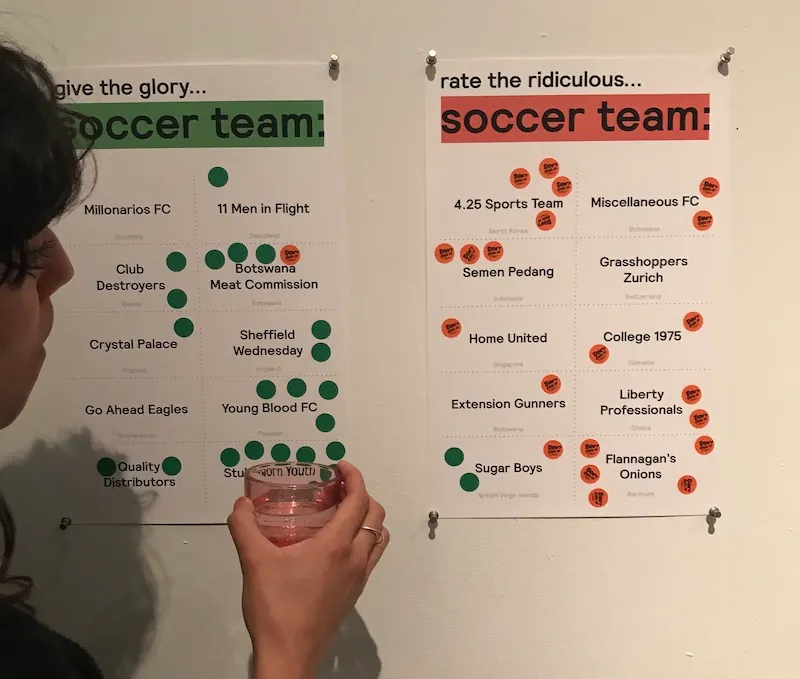 Two voting posters, "give the glory" and "rate the ridiculous," listing soccer team names like 11 Men in Flight, Botswana Meat Commission and Semen Padang, covered in sticker dots.