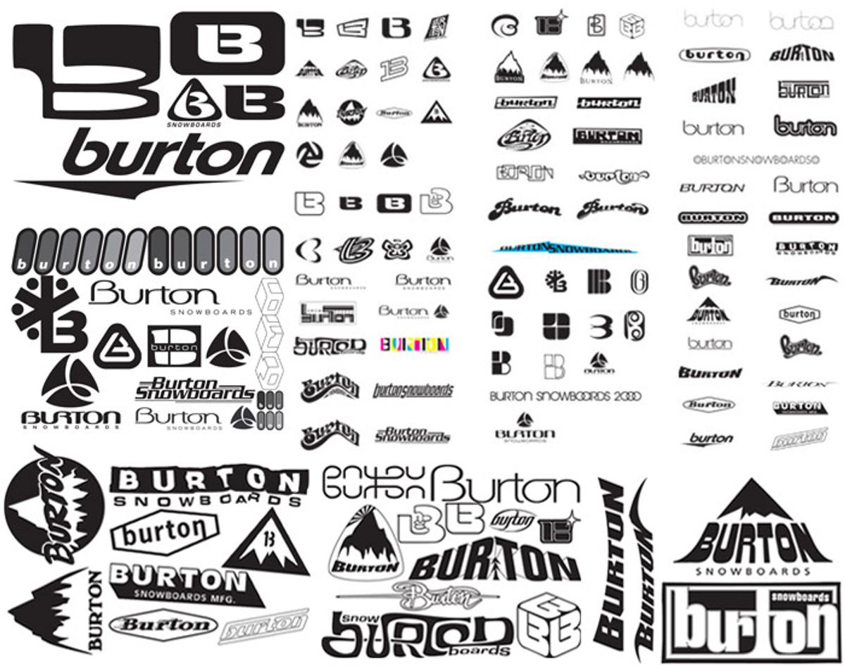 A dense grid of dozens of black-and-white Burton Snowboards logos and wordmarks in wildly different styles.