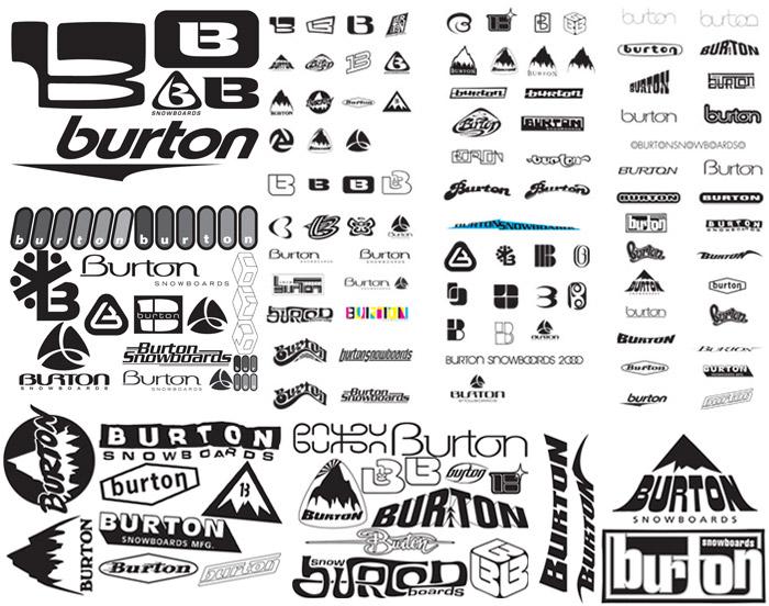 A dense grid of dozens of black-and-white Burton Snowboards logos and wordmarks in wildly different styles.