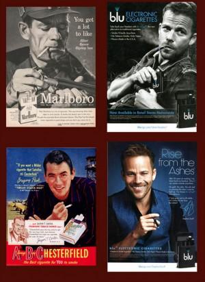 Four ads side by side: vintage Marlboro and Chesterfield cigarette ads above, blu e-cigarette ads below.