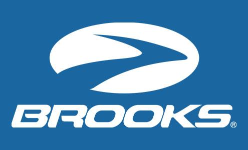 The Brooks logo: a white winged swoosh in an oval above "BROOKS" on blue.