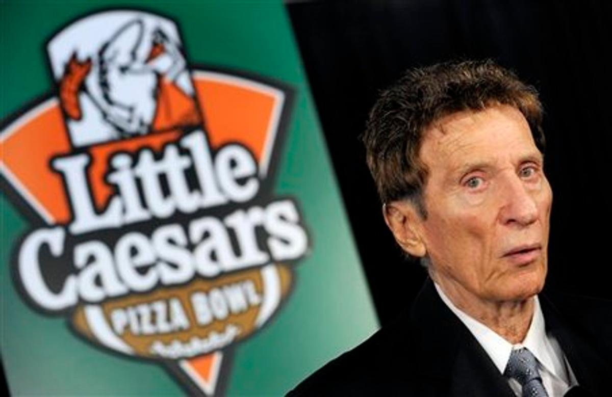 Mike Ilitch beside a "Little Caesars Pizza Bowl" logo.