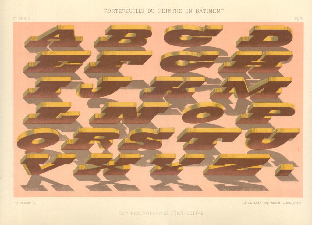 An antique lithographic plate of the alphabet in chunky 3D letters, titled "Lettres monstres perspective."