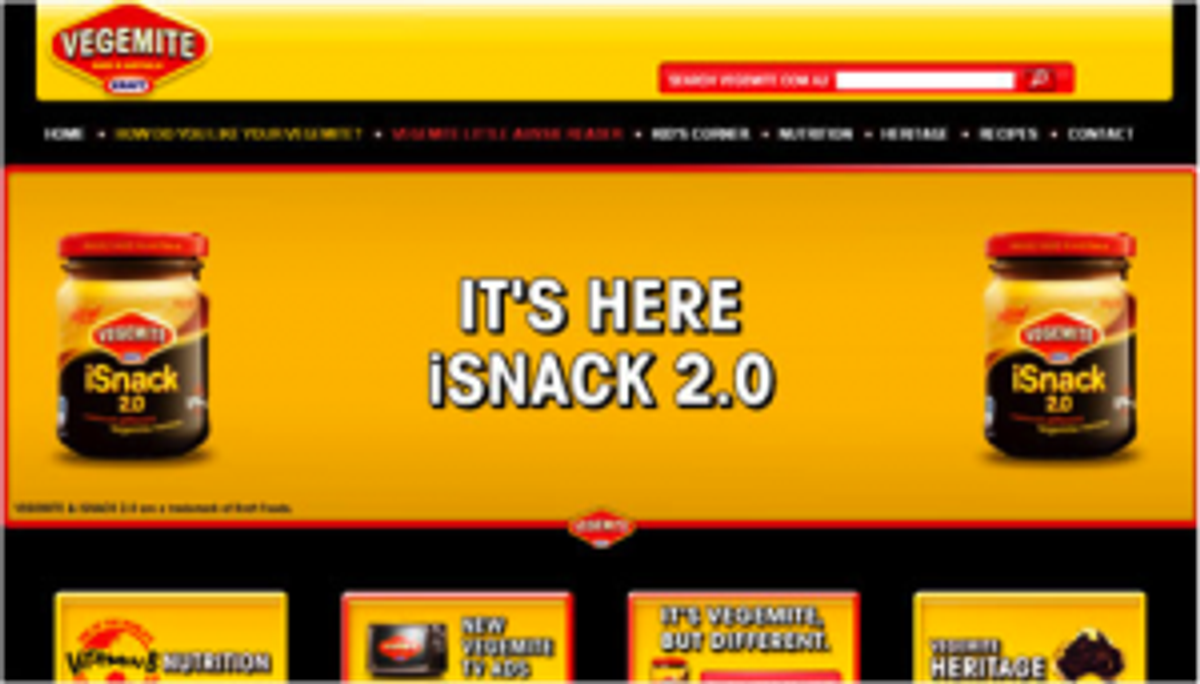 Vegemite website banner announcing "It's here: iSnack 2.0" beside jars of the spread.