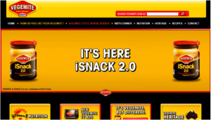 Vegemite website banner announcing "It's here: iSnack 2.0" beside jars of the spread.