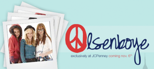 Olsenboye ad with a peace sign for the O: "exclusively at JCPenney coming nov. 6th," beside a photo of three teen girls.