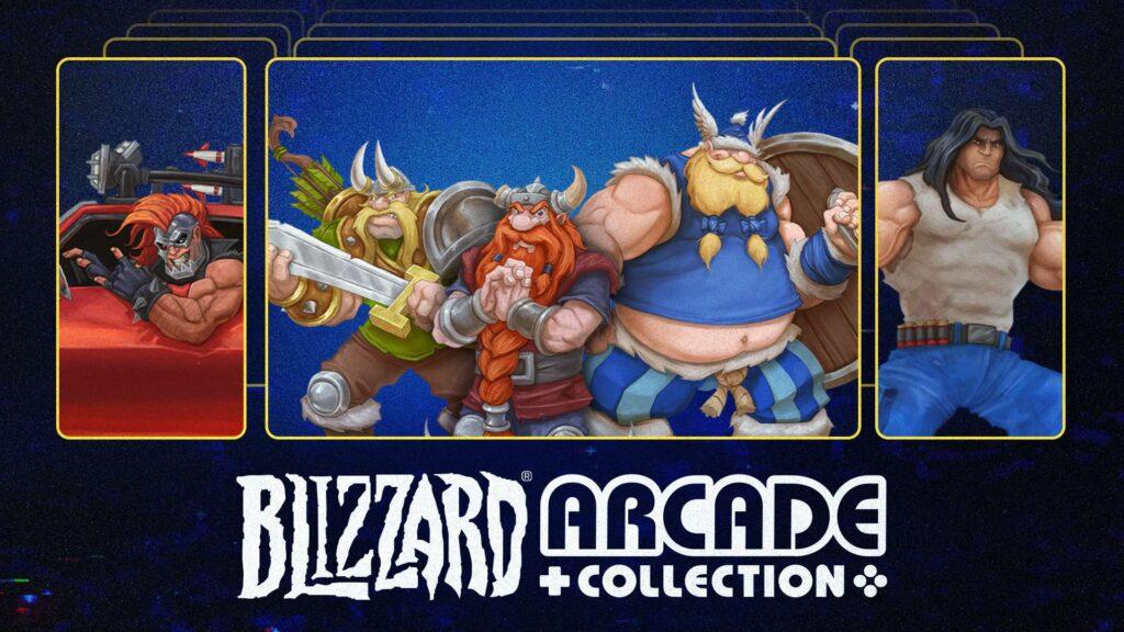 Key art for the "Blizzard Arcade Collection," with characters from The Lost Vikings, Rock n' Roll Racing, and Blackthorne.