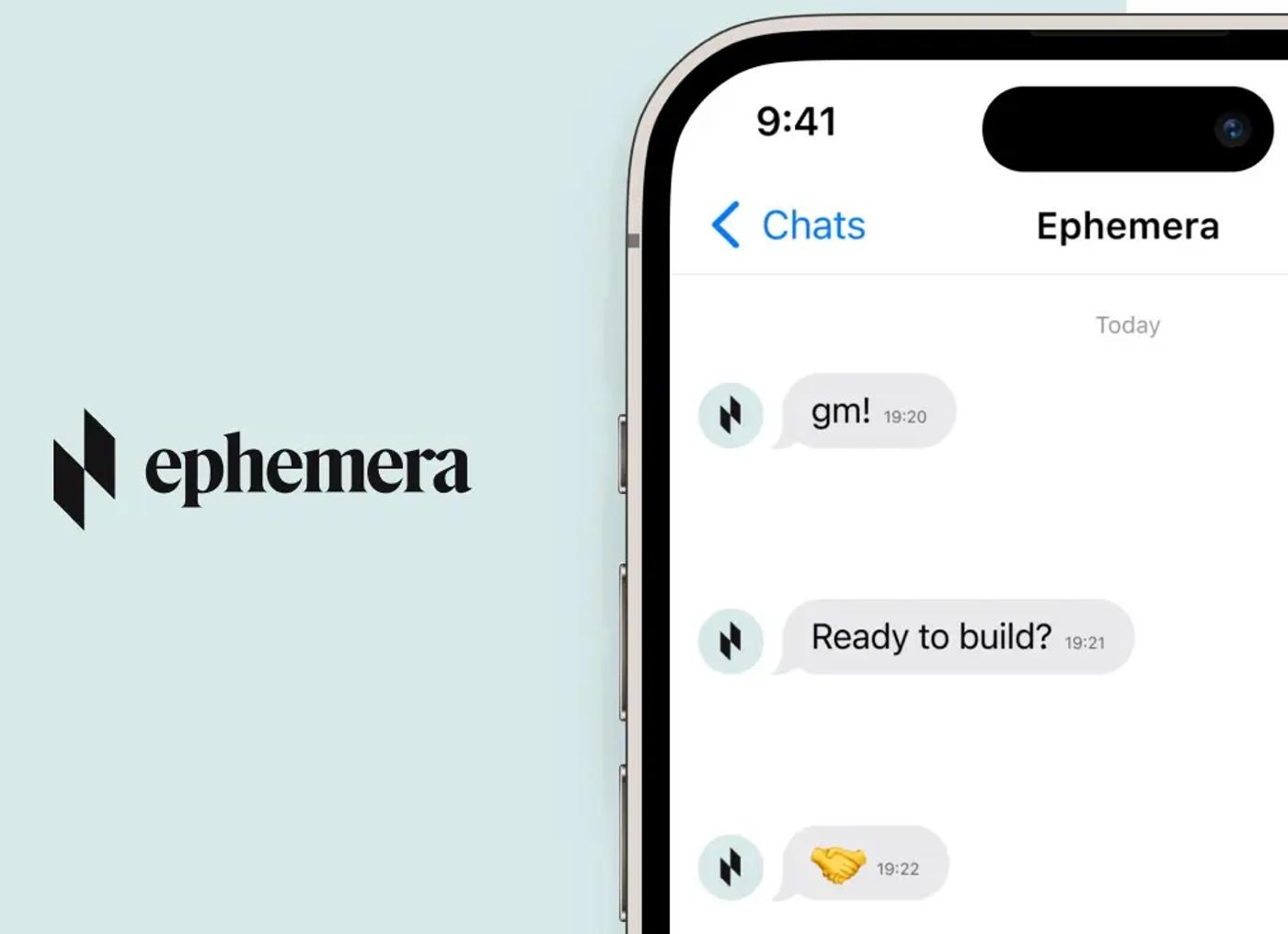 The Ephemera wordmark beside a phone showing the app's chat screen