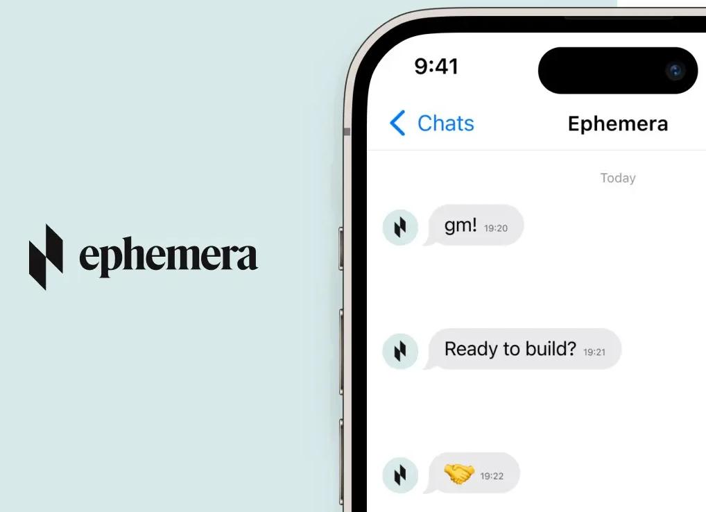 The Ephemera wordmark beside a phone showing the app's chat screen