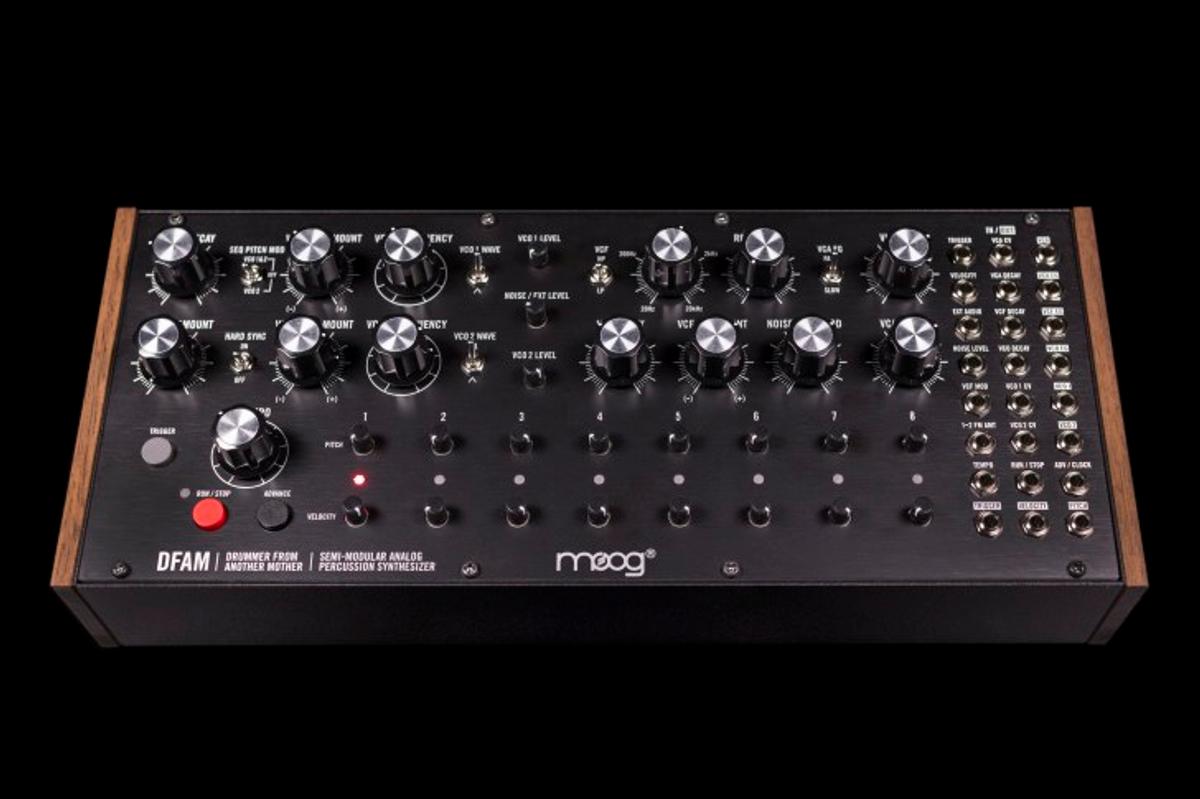 Moog synthesizer panel labeled "DFAM — Drummer From Another Mother, Semi-Modular Analog Percussion Synthesizer."