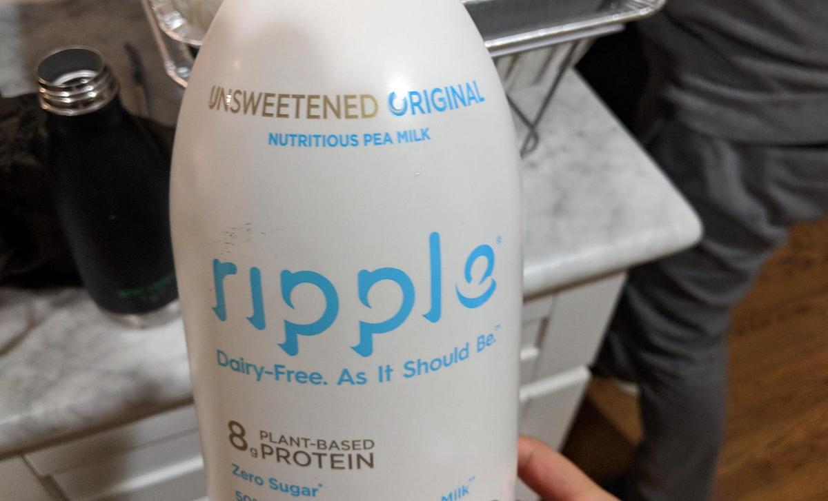 Bottle of Ripple "Unsweetened Original" milk labeled "Nutritious Pea Milk" and "Dairy-Free. As It Should Be."