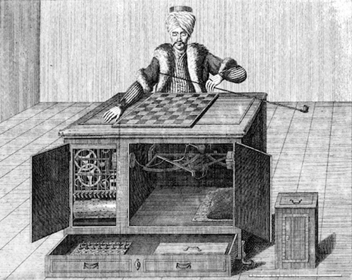 Engraving of the Mechanical Turk: a turbaned figure at a chessboard above an open cabinet of gears.