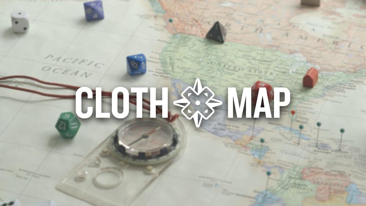 Logo reading "Cloth Map" with a compass-rose emblem, over dice and a compass on a world map.