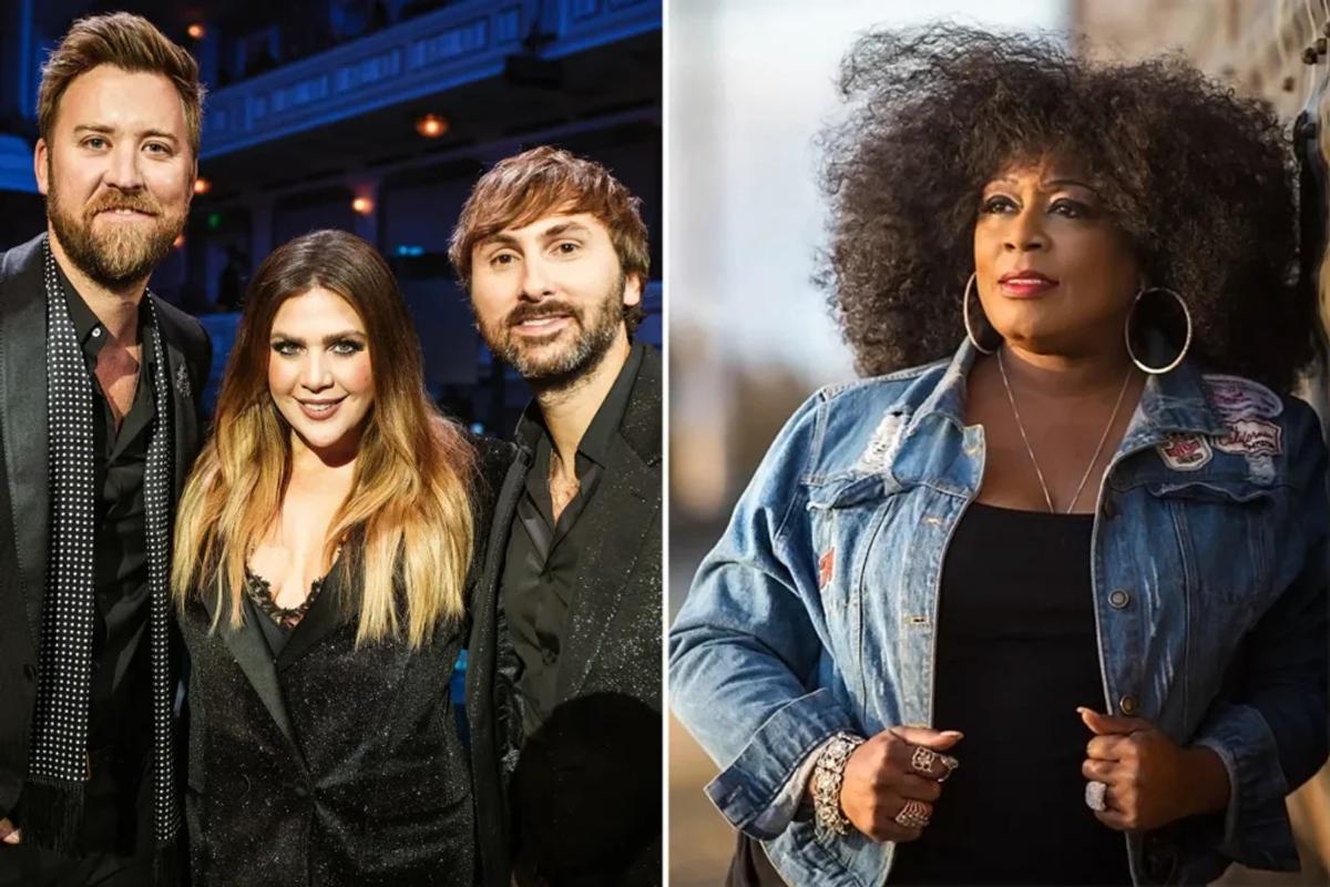 Side by side: the three members of the country band Lady Antebellum, and blues singer Anita White in a denim jacket.