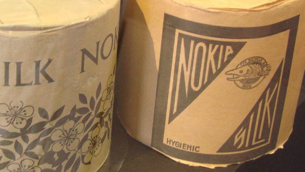 Two vintage rolls of toilet paper labeled "Nokia Silk Hygienic" with a fish logo.