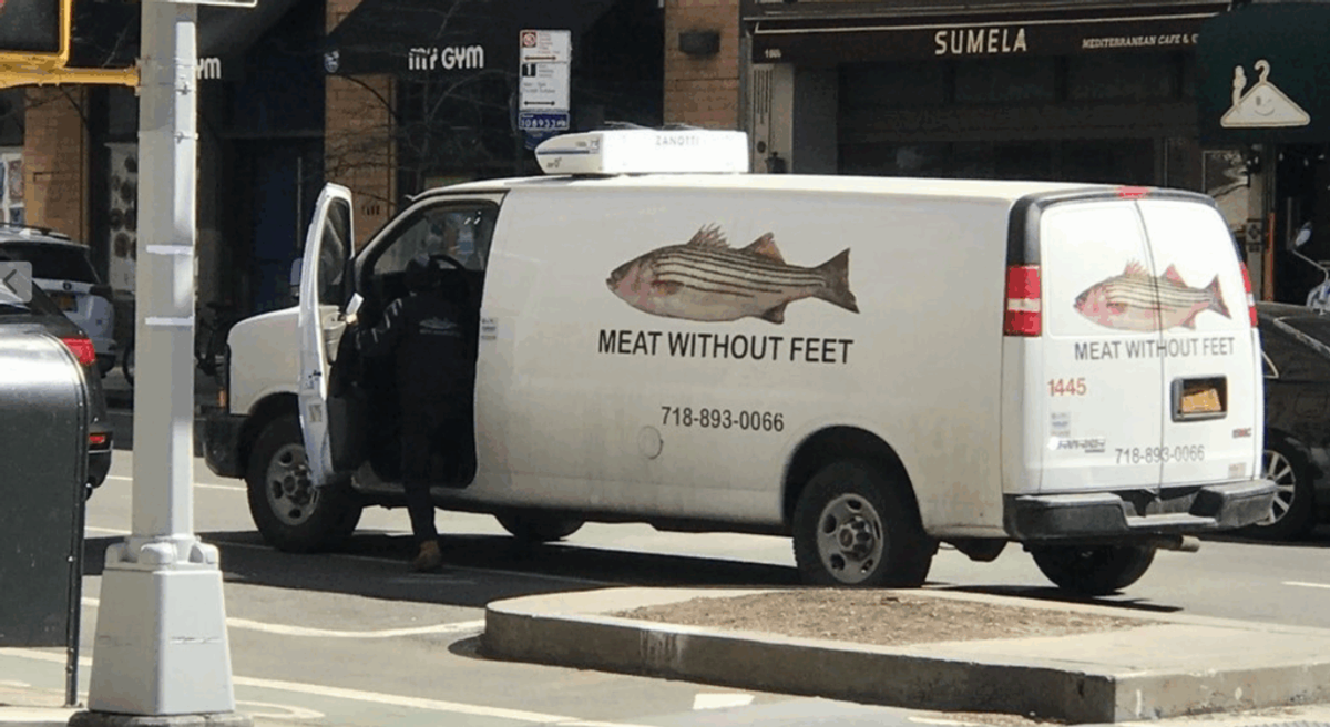 White delivery van painted with a striped bass and the words "Meat Without Feet."