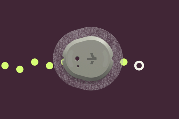 An illustration of a round biosensor, a trail of green dots running through it