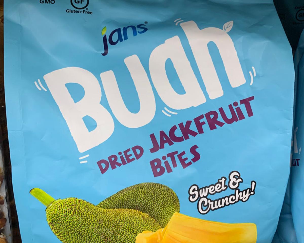 A blue bag of Jans "Buah" dried jackfruit bites, "Sweet & Crunchy!"