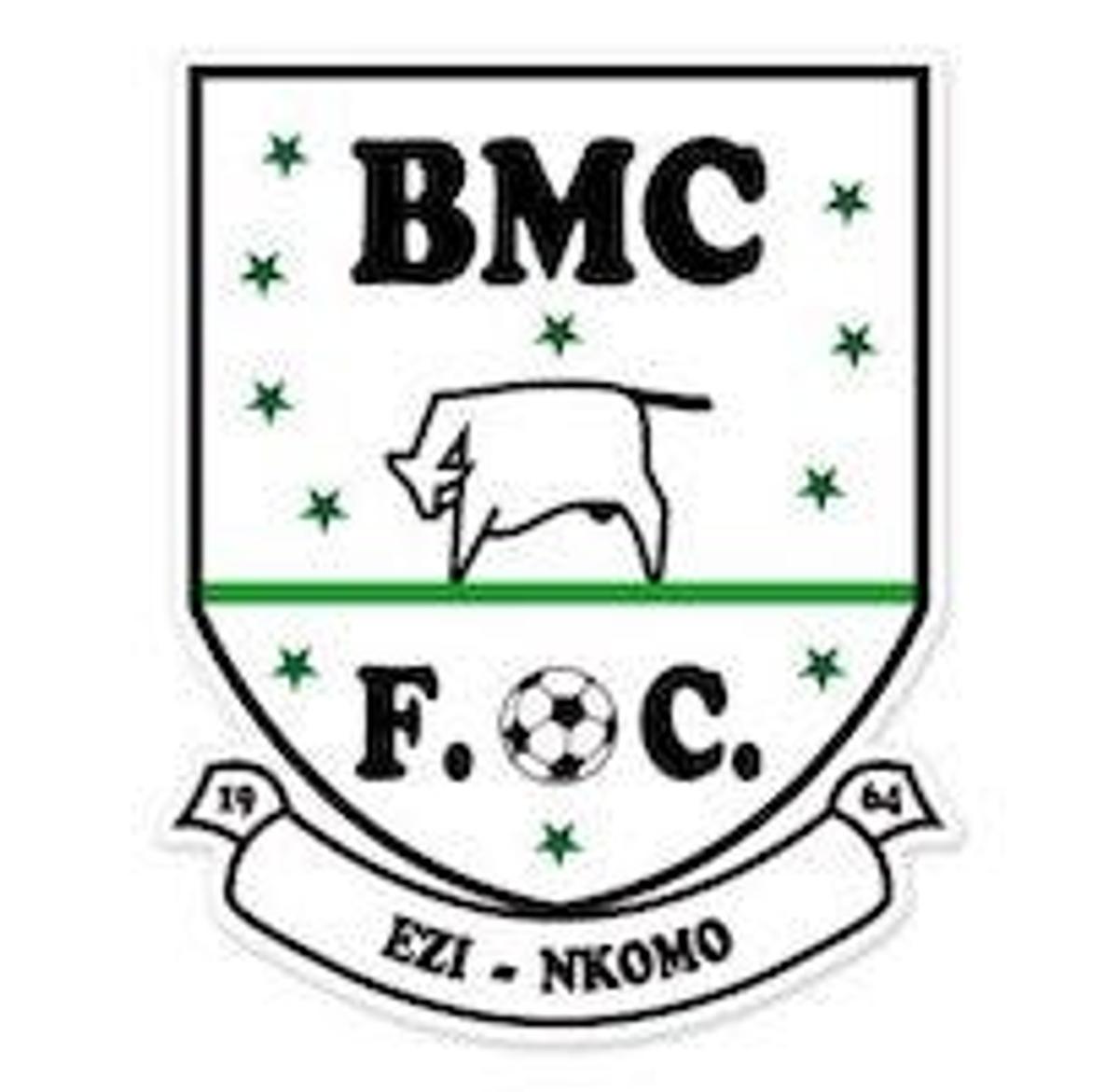 Crest reading "BMC F.C." with a white bull, a soccer ball, stars, and the motto "Ezi-Nkomo".