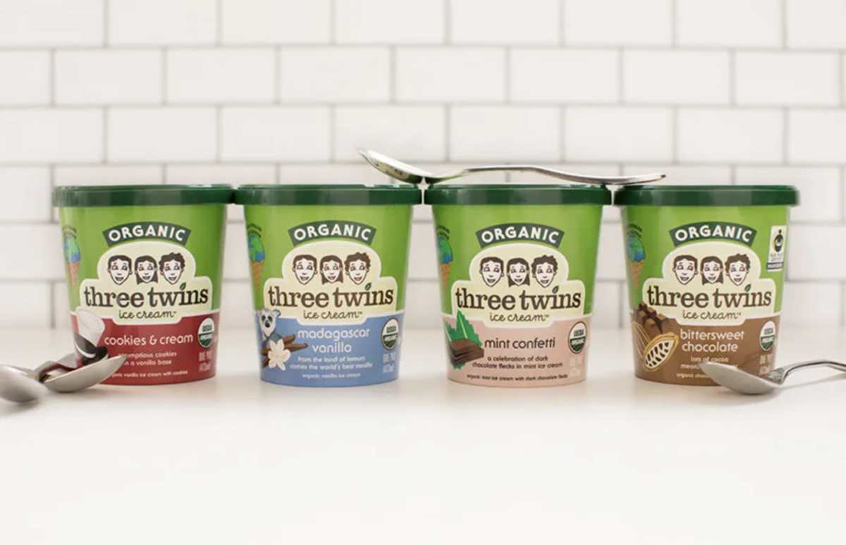 Four pints of Three Twins organic ice cream: cookies & cream, Madagascar vanilla, mint confetti, and bittersweet chocolate.