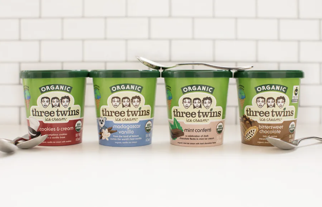 Four pints of Three Twins organic ice cream: cookies & cream, Madagascar vanilla, mint confetti, and bittersweet chocolate.