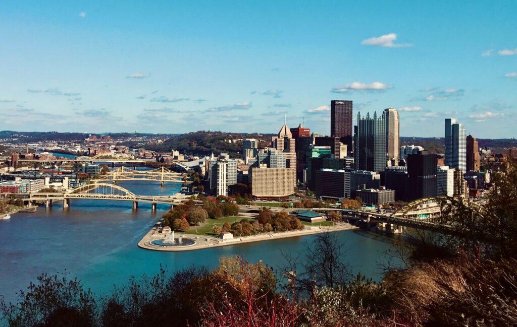 The Pittsburgh skyline and its bridges over the river, seen from a wooded hillside