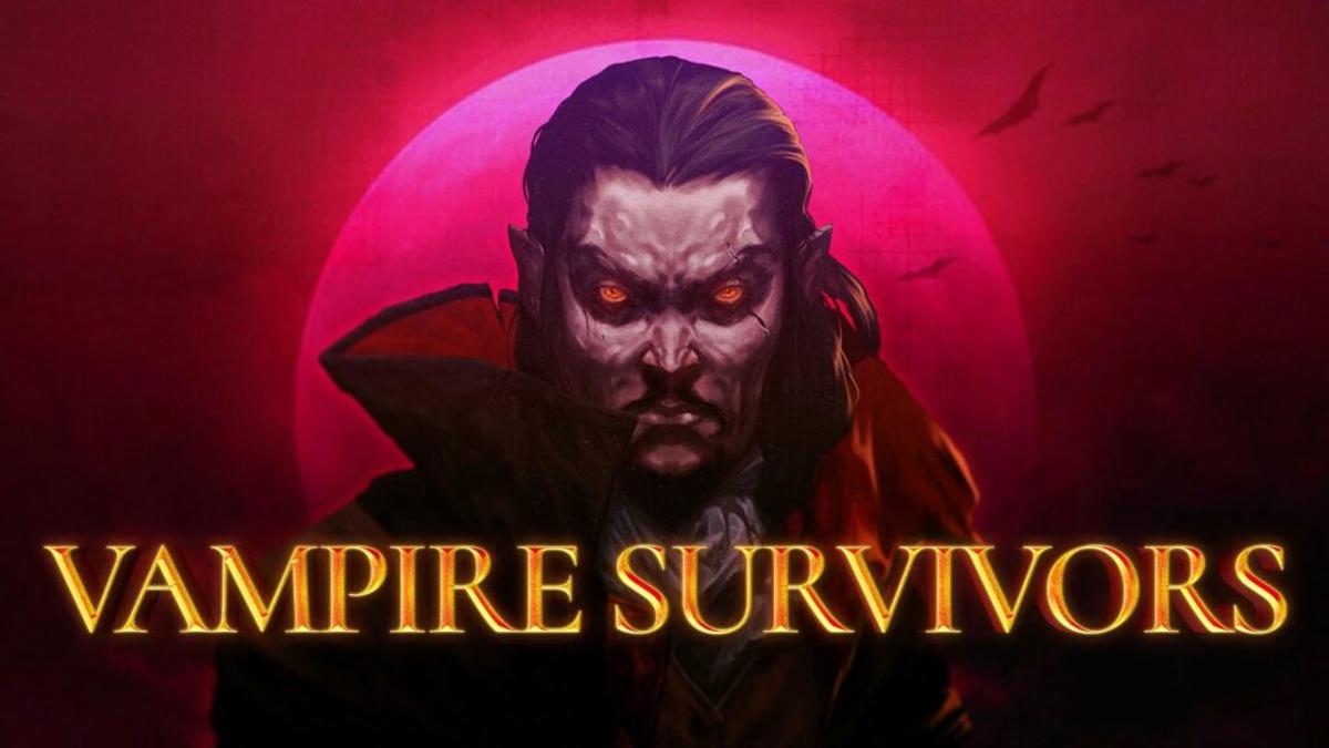 Key art for "Vampire Survivors": a red-eyed vampire against a crimson moon.