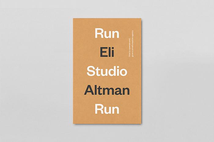 Tan book cover interleaving "Run Studio Run" with "Eli Altman," subtitled "How to operate and grow a small creative agency."