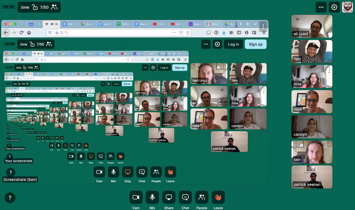 A video call with a screenshare of the same call nested inside itself over and over, participants labeled Eli, Liam, Rose, Nora, Carolyn, Ben and Patrick Keenan.
