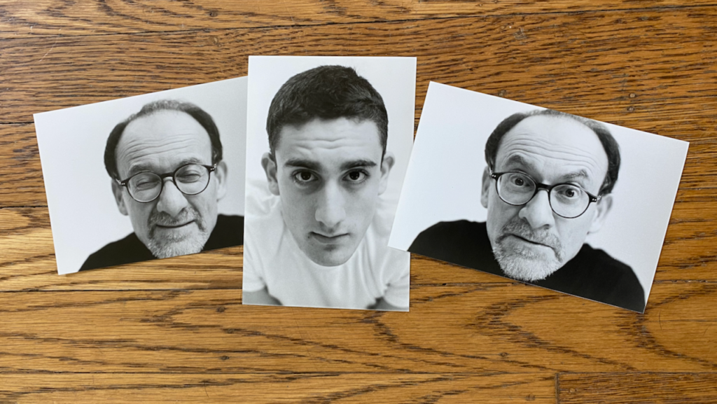 Three black-and-white headshots on a wood table: a young man flanked by two of an older bespectacled man making faces.