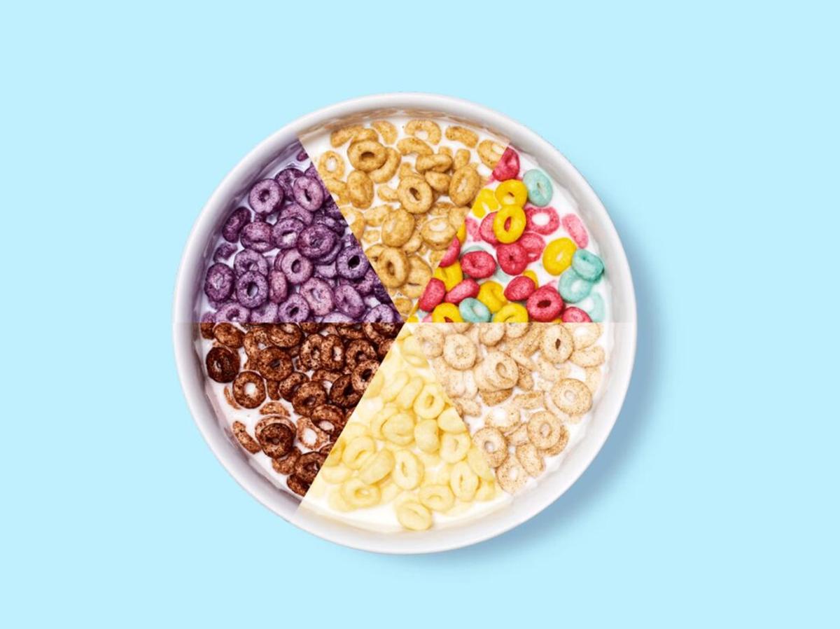 A bowl of cereal loops divided into pie-slice wedges of six different colors and flavors.
