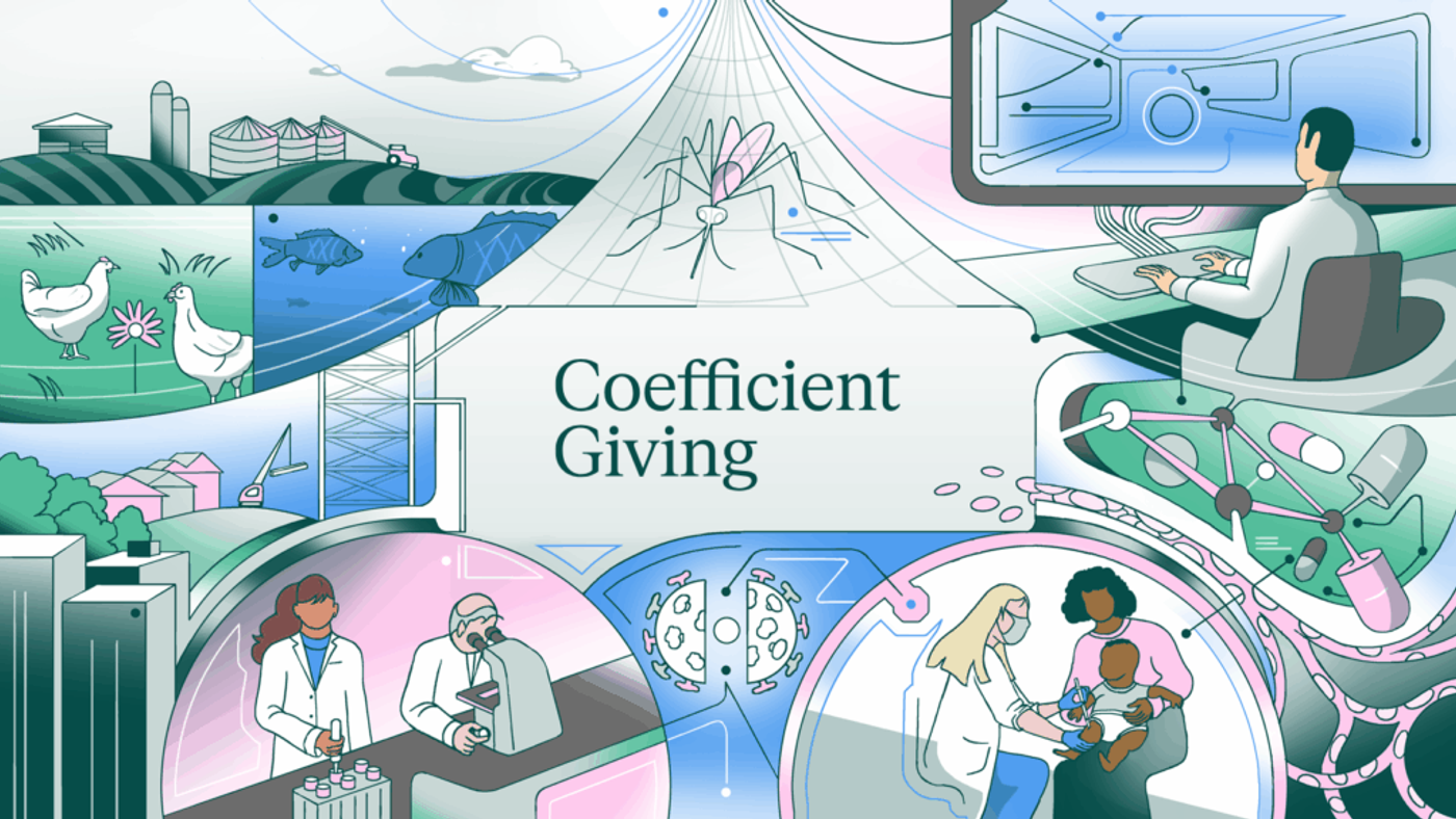An illustrated panorama of the work being funded — farmland and hatcheries, a mosquito under a net, a lab bench, a nurse with a baby — with Coefficient Giving lettered at its centre