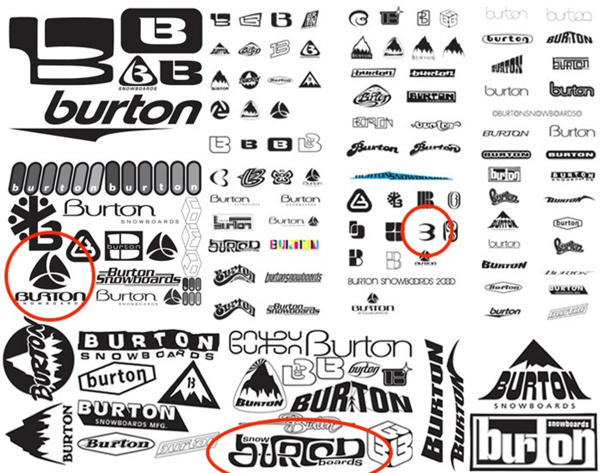 Dozens of different Burton and Burton Snowboards logos in black and white, three circled in red.