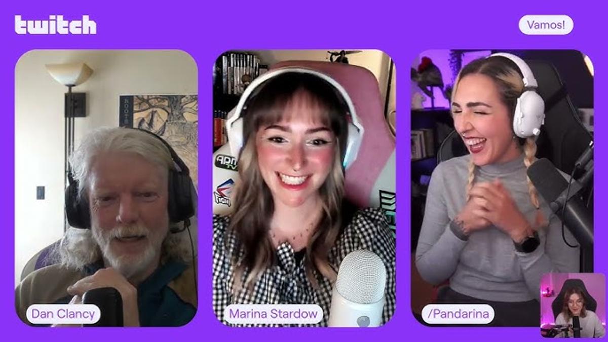 Twitch stream with three headset-wearing participants labeled Dan Clancy, Marina Stardow and /Pandarina, under a "Vamos!" tag.