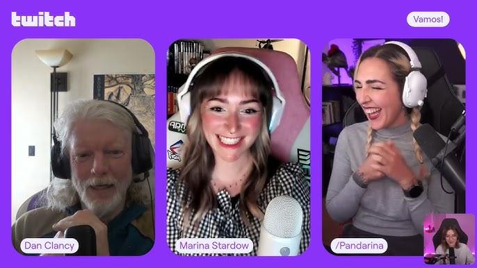 Twitch stream with three headset-wearing participants labeled Dan Clancy, Marina Stardow and /Pandarina, under a "Vamos!" tag.