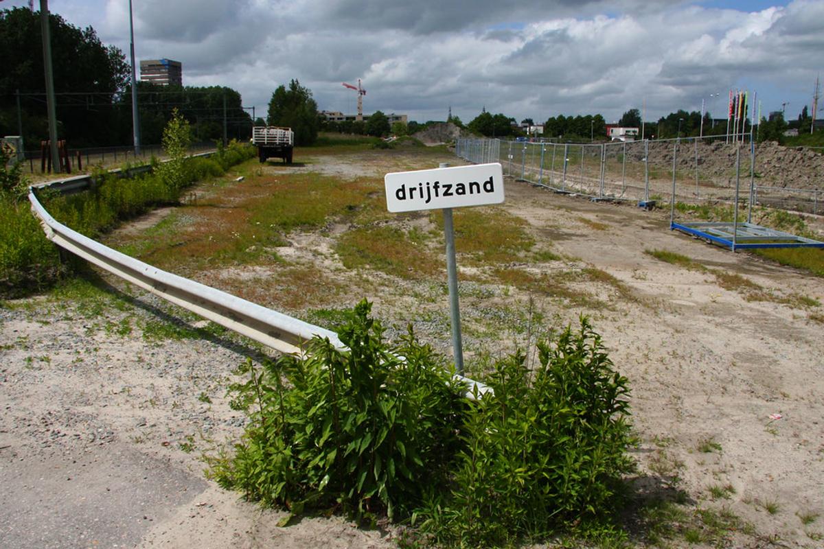A white roadside sign reading "drijfzand" — Dutch for quicksand — on a weedy vacant lot.