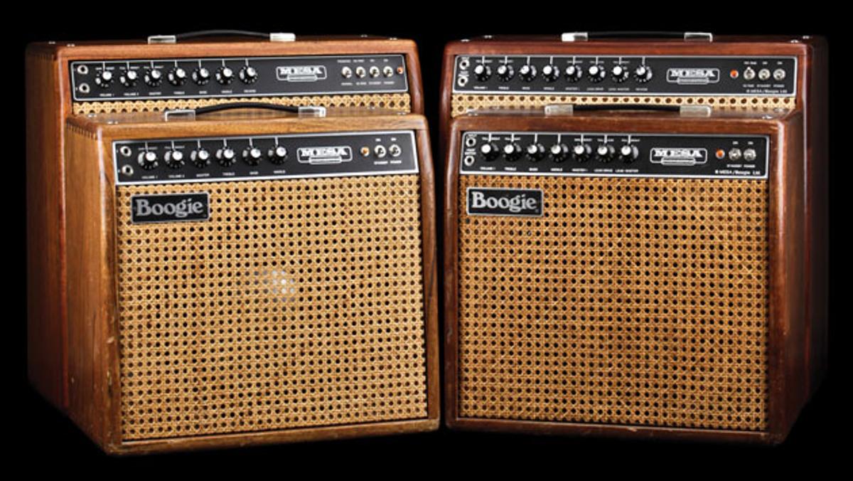 Four vintage wood-and-wicker guitar amps labeled "Mesa" and "Boogie".