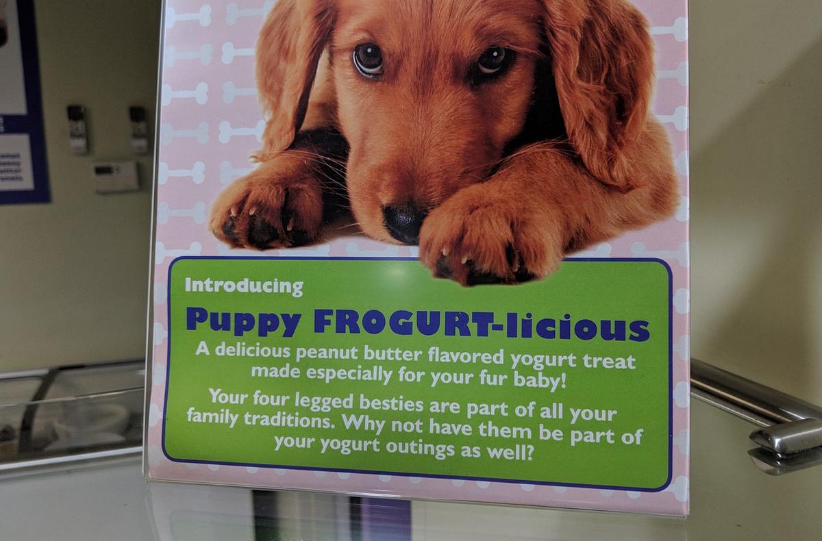Countertop sign with a puppy: "Introducing Puppy FROGURT-licious \u2014 a delicious peanut butter flavored yogurt treat made especially for your fur baby!"