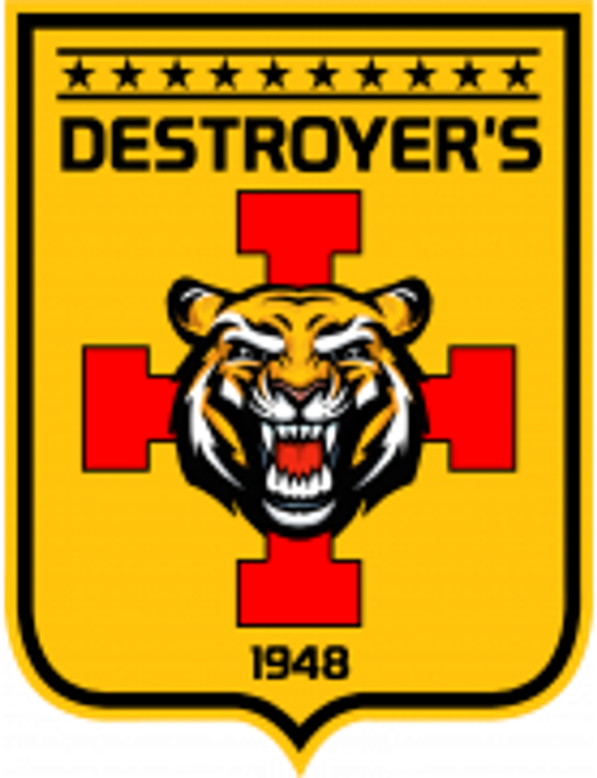 Club crest with a snarling tiger over a red cross, lettered "Destroyer's" and "1948".