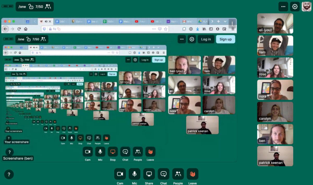 A video call with Eli, Liam, Rose, Nora, Carolyn, Ben and Patrick, screenshared into itself over and over in a receding spiral.