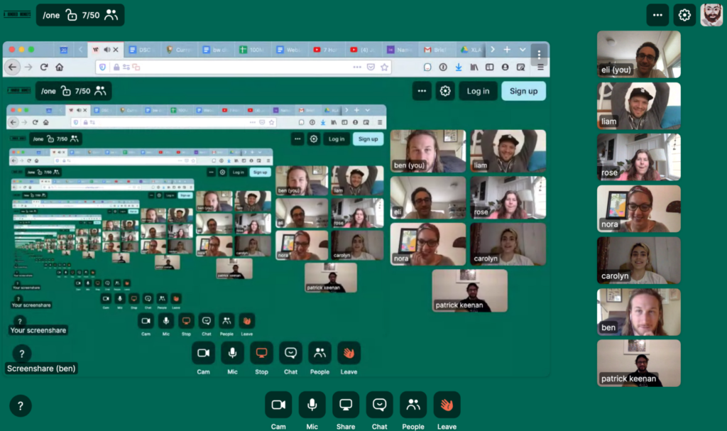 A video call with Eli, Liam, Rose, Nora, Carolyn, Ben and Patrick, screenshared into itself over and over in a receding spiral.