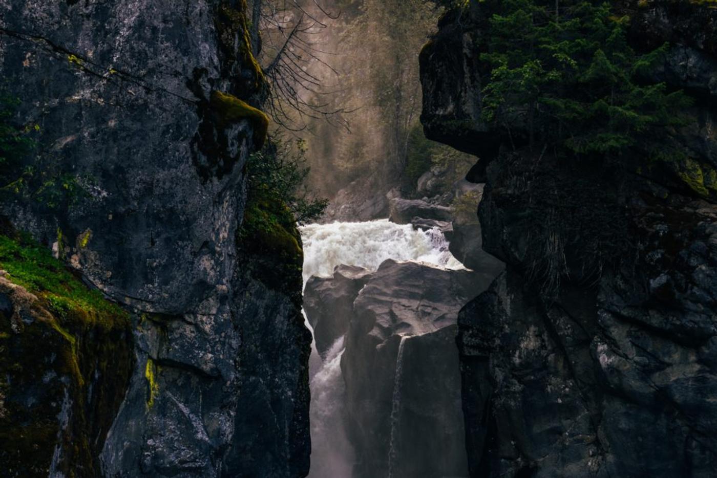 Whitewater falling through a narrow, mossy rock gorge