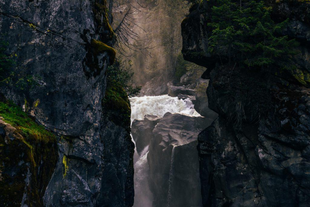 Whitewater falling through a narrow, mossy rock gorge
