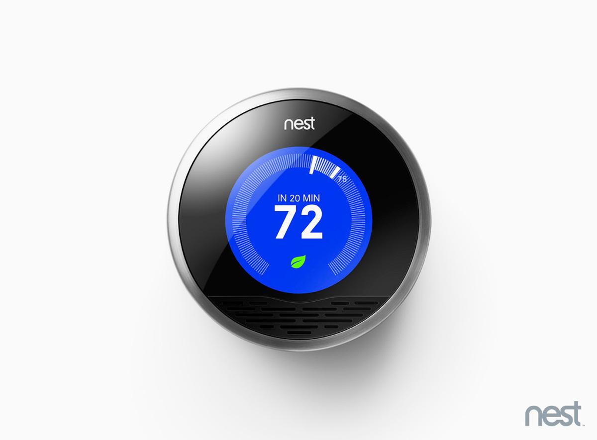 Nest thermostat, its blue dial showing "IN 20 MIN 72" beneath the "nest" wordmark.