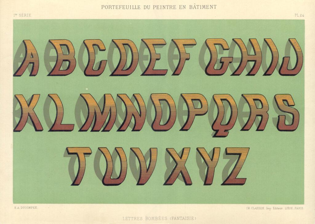 A vintage French sign-painter's plate showing the alphabet A to Z in shaded orange-and-yellow letters on green.