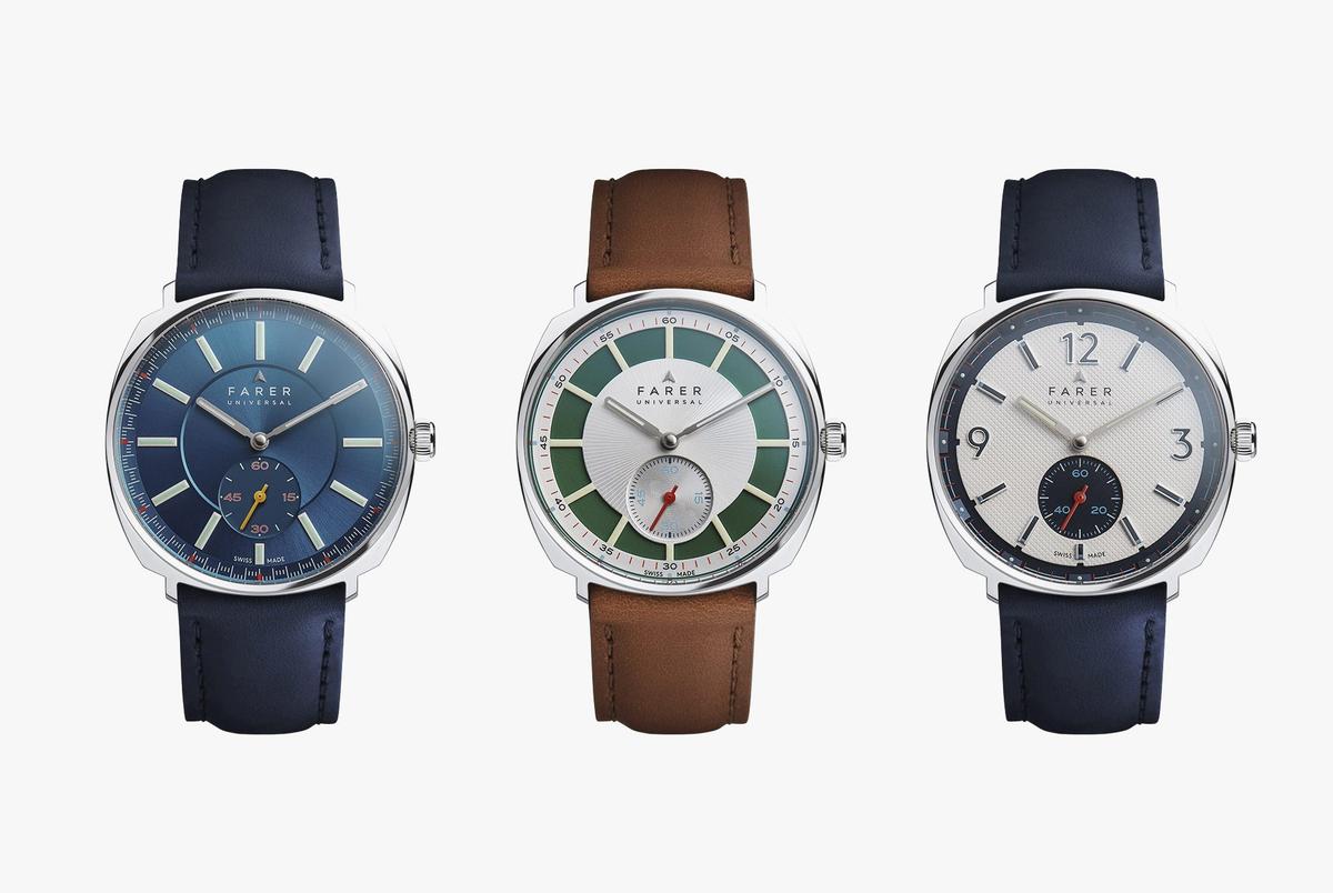 Three Farer Universal watches with leather straps and blue, green, and white dials.
