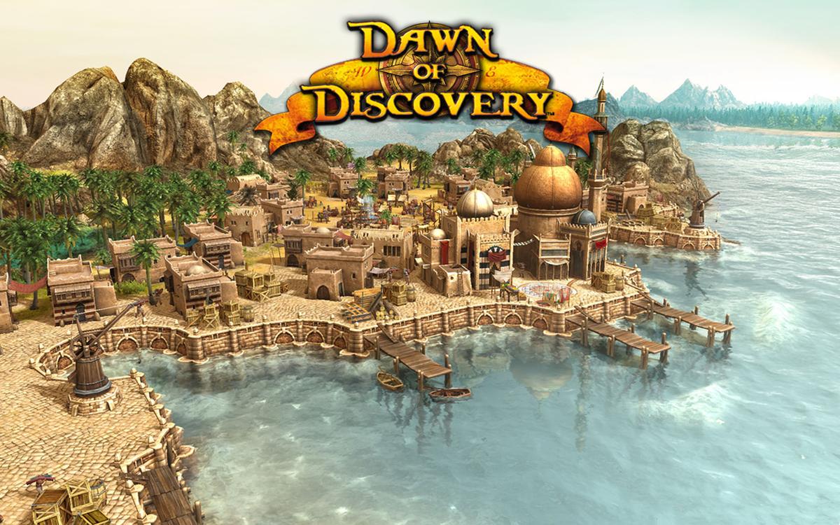 Game art of a coastal town with domed buildings and docks, titled "Dawn of Discovery."