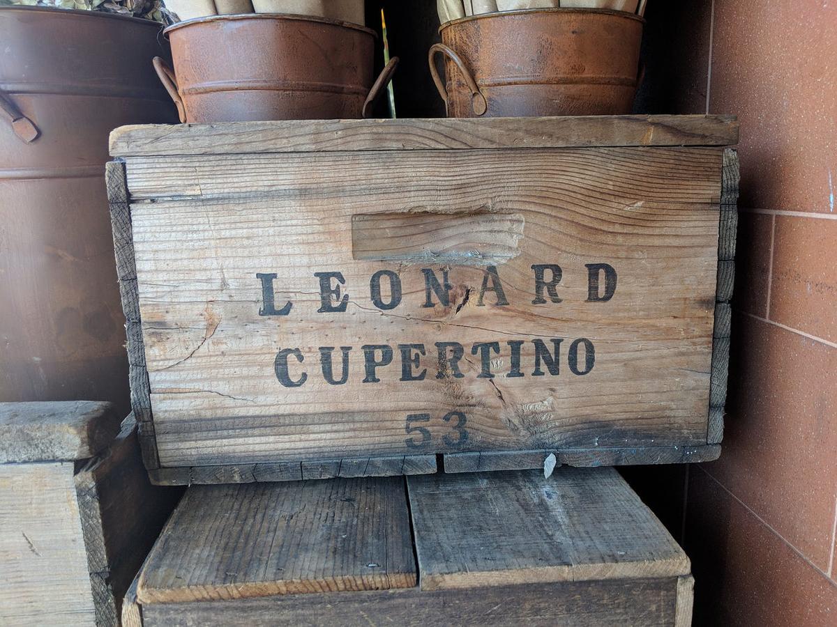 Wooden crate stenciled "Leonard Cupertino 53" stacked with rusted buckets.